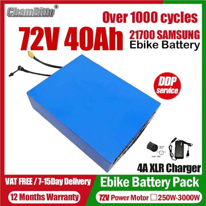 72V 50Ah 21700 Lithium Battery - Bicicleta Elétrica eBike Cham-Rider 72V 20Ah